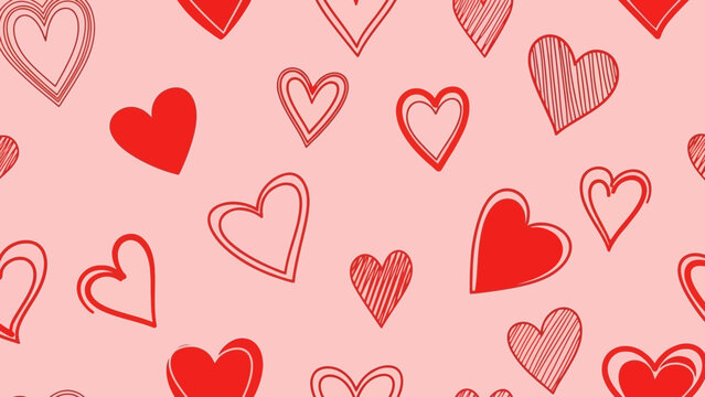 A repeating pattern of red and pink hand-drawn hearts on a pink background.