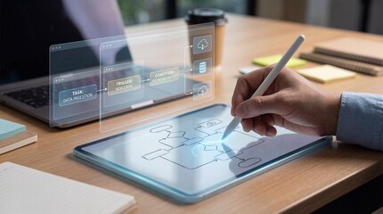 Innovative mind mapping office environment digital illustration creative workspace close-up view concept visualization