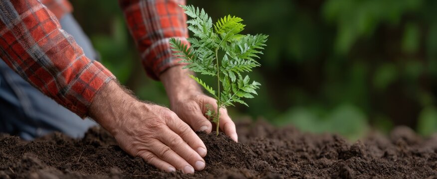 man planting a young tree sapling in soil to support reforestation initiatives