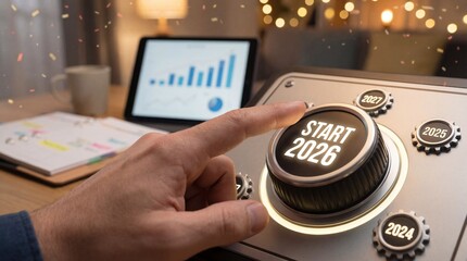 Celebrating new year 2026 home office digital countdown cozy atmosphere close-up embracing new beginnings