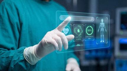 Closeup of a surgeon interacting with digital health interface operating room medical technology controlled environment professional viewpoint