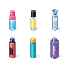 Travel Perfume Icons. Travel Size Perfume. Isometric flat vector icons set of Travel Size Perfume: mini spray bottle, rollerball perfume, refill vial bottle,