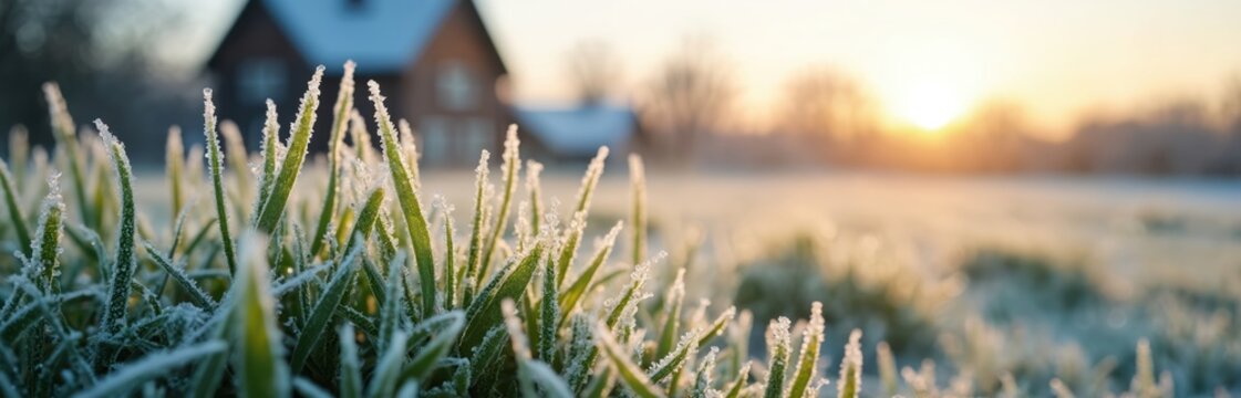 Green grass covered with frost crystals. Sun rises over a tranquil winter field with blurred house in background. Cold morning landscape detail. - Powered by Adobe