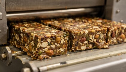 Protein bar dough pressed and cut into perfect bars on automated machine showcasing dense texture and rich ingredients.