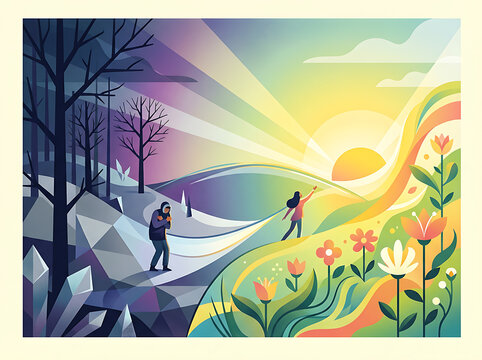 Changing seasons transition person from winter to spring