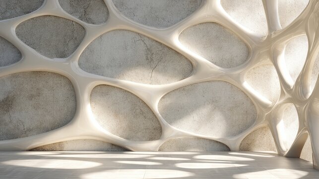 Empty modern interior with organic cell pattern on concrete wall.