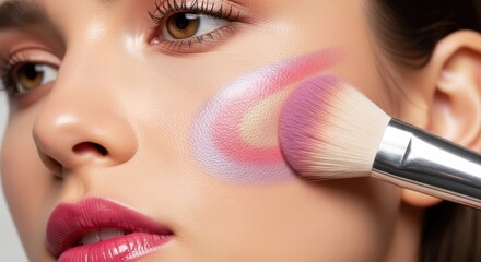 Woman applying colorful makeup with brush