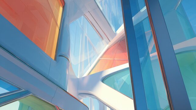 Modern Abstract Architecture with Colorful Glass Panels and Sunlight