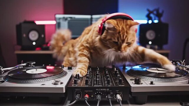 A fluffy ginger tabby cat wearing red headphones operating a professional DJ mixer and turntables.