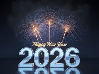 Happy new year 2026 celebration with fireworks and shiny numbers on dark background
