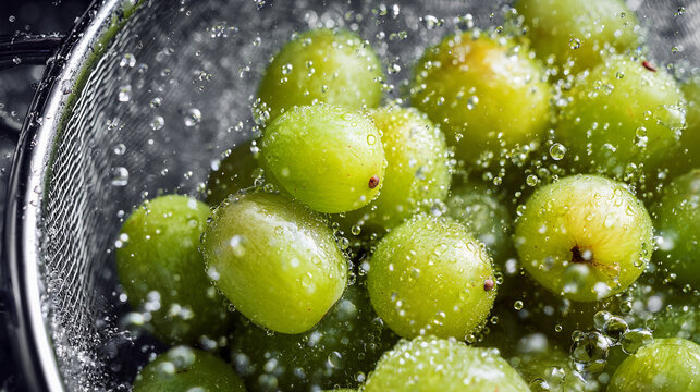 Fresh green grapes being washed in a metal colander with water droplets on them