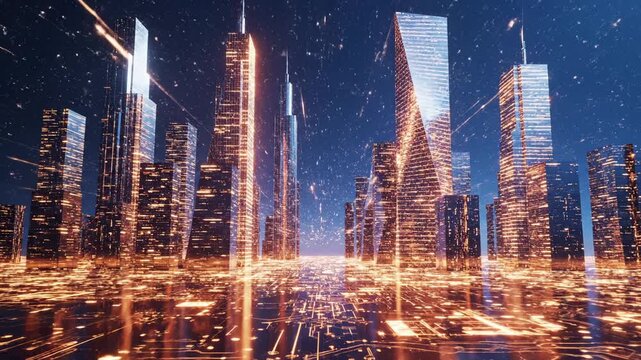 Futuristic city skyline glows with digital network and data flow at night. City skyscrapers show technology grid. Futuristic skyline with digital connections. City data network glows at night.