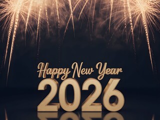 Happy new year 2026 celebration with gold fireworks on dark background