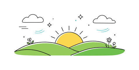 Serene Spring Landscape. Spring minimal landscape. A simple editorial scene with rolling green hills, a rising sun, and light clouds. The illustration feels