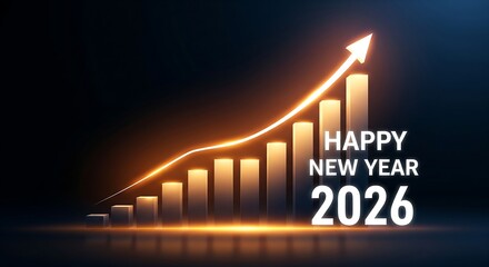 Happy New Year 2026 with glowing bar graph and upward trend arrow