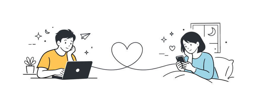 Distant Hearts Connection. Long-distance relationship. Characters connected by a thin line or heart across separate spaces, symbolizing emotional bond despite