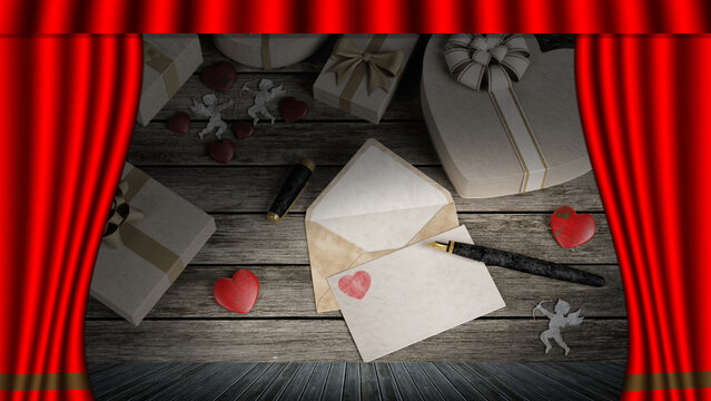 Illustrazione 3D. Sipario aperto in teatro o cinematografo scopre i simboli dell'amore. Adatto per il Valentine Day, giorno di San Valentino.