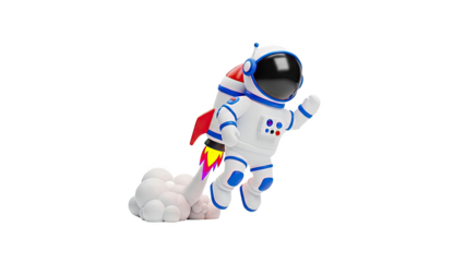 Cartoon astronaut with a rocket on his back on transparent background