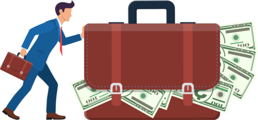 businessman or manager pushes a huge suitcase