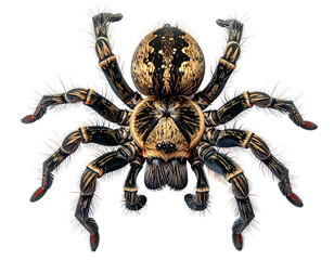 Close-up of a large hairy tarantula spider with intricate markings on its body and legs isolated on a white background.