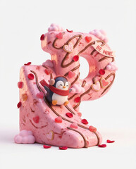 Fototapeta premium Cute Penguin on Sweet Valentine's Day Treat