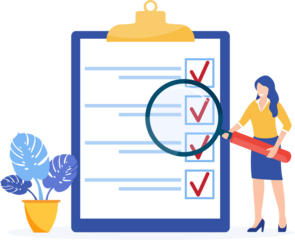 Positive business people with a magnifying glass