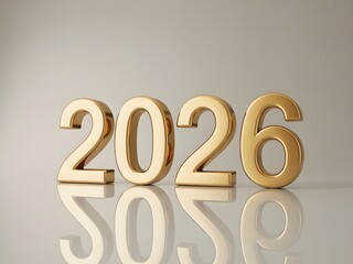 Golden 3d numbers 2026 on reflective surface with gray background