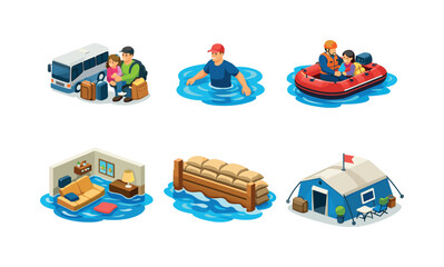 Human Impact Icons. Human impact. Isometric flat vector icons set of human impact: evacuated residents, person wading through water, emergency rescue boat,