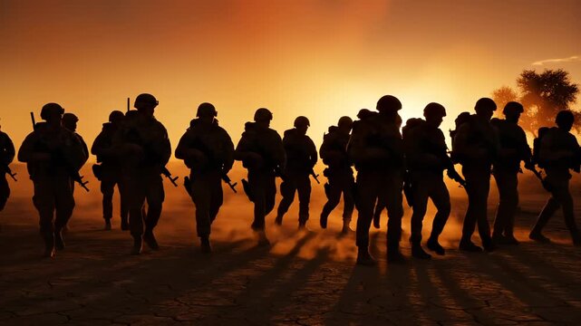 Military soldiers march through desert at sunset. Silhouette troops walk with weapons during sunset patrol. Soldiers in tactical formation march across desert. Military unit moves at golden sunset.