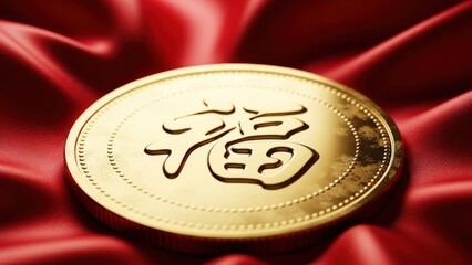 Close-up of a Golden Coin with "Fu" Character on Luxurious Red Satin Fabric, Symbolizing Wealth and Good Fortune
