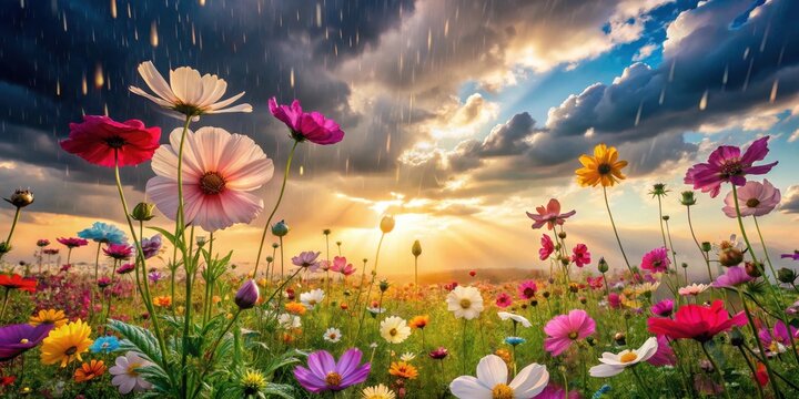 Vibrant wildflowers blossom under a dramatic sunset sky, rain showering down, creating a breathtaking scene of nature's resilience and beauty.