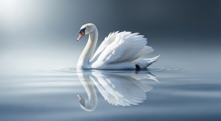White Swan Swimming Calm Water Reflection