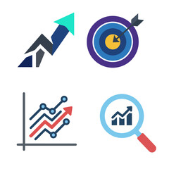 Business Growth and Data Analysis Icon Set Featuring Financial Charts Target and Magnifying Glass