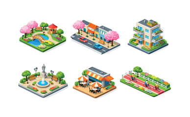 Obraz premium Spring City Isometric. Isometric City in Spring. Isometric flat vector icons set of Isometric City in Spring: blooming city park, street with flowering trees,