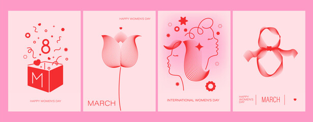 8 March greeting cards set. Line art flower, tulip, woman face profile, gift box with surprise.  Number eight design. Soft pink gradient background.