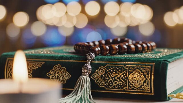 A green book with gold designs and a string of wooden beads with a silver tassel rest on it illuminated by a blurred candle in the foreground and bokeh lights in the background