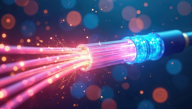 Colorful fiber optic cable end emits bright light. Digital data transmission, fast internet speed, and sci fi technology concept with bokeh background.