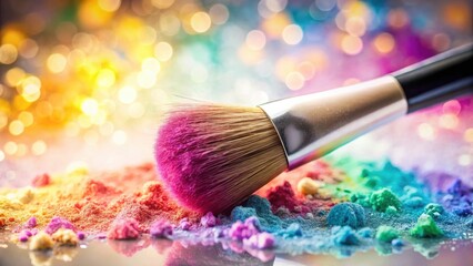 A vibrant makeup brush resting on a colorful spectrum of powder pigments, creating a dazzling display of artistry and beauty