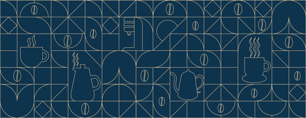 Geometric coffee pattern in minimalist style. Geometric line drawing. Abstract print background with simple shapes for coffee shop, food packaging, cafe wall, menu.