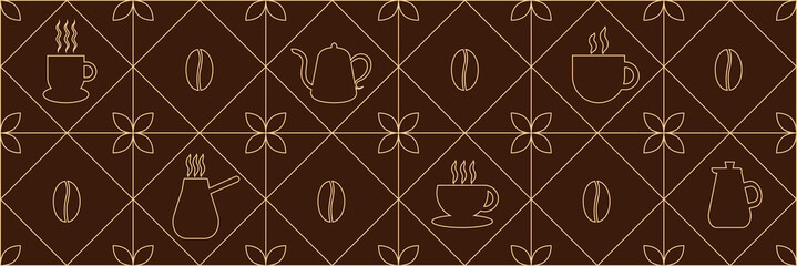 Geometric coffee pattern in minimalist style. Geometric line drawing. Abstract print background with simple shapes for coffee shop, food packaging, cafe wall, menu.