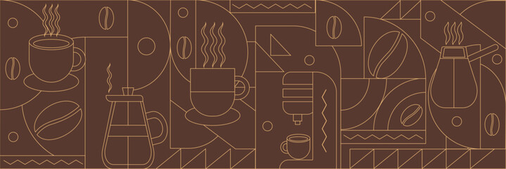 Geometric coffee pattern in minimalist style. Geometric line drawing. Abstract print background with simple shapes for coffee shop, food packaging, cafe wall, menu.