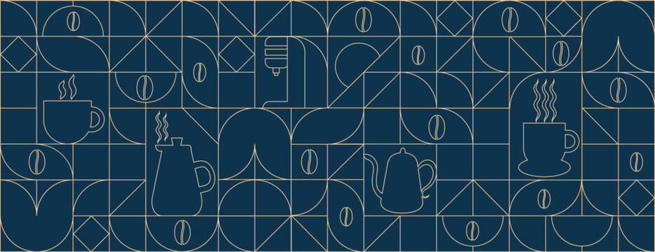 Geometric coffee pattern in minimalist style. Geometric line drawing. Abstract print background with simple shapes for coffee shop, food packaging, cafe wall, menu.