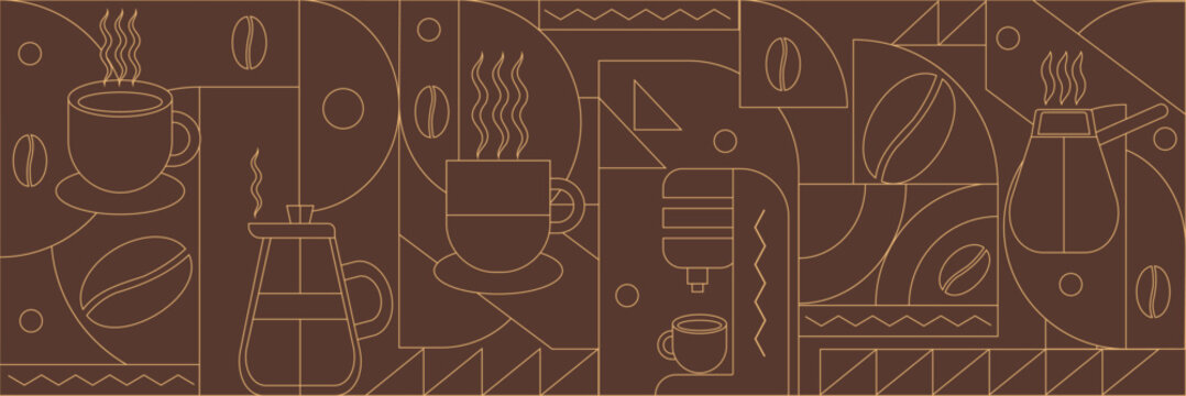 Geometric coffee pattern in minimalist style. Geometric line drawing. Abstract print background with simple shapes for coffee shop, food packaging, cafe wall, menu.