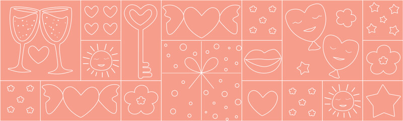 Seamless geometric pattern for Valentine's Day in minimalist style. Design line drawing, mosaic background. Abstract print background with simple shapes.