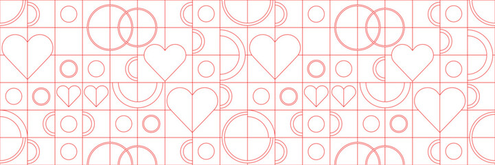 Seamless geometric pattern for Valentine's Day in minimalist style. Design line drawing, mosaic background. Abstract print background with simple shapes.