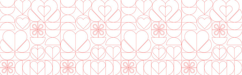 Seamless geometric pattern for Valentine's Day in minimalist style. Design line drawing, mosaic background. Abstract print background with simple shapes.
