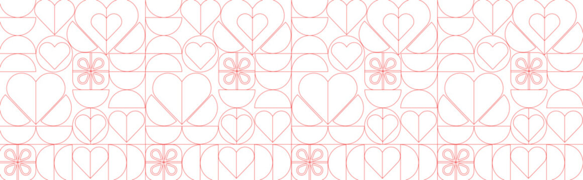 Seamless geometric pattern for Valentine's Day in minimalist style. Design line drawing, mosaic background. Abstract print background with simple shapes.