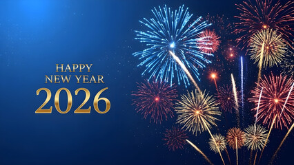 Happy new year 2026 celebration with colorful fireworks display against dark blue night sky background