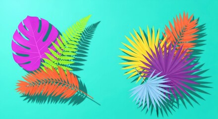 Obraz premium Colorful Paper Leaves and Shadows Teal Background