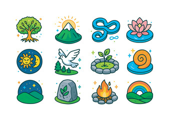 Obraz premium Sacred Nature Icons. Sacred nature symbols. Colorful isometric vector icons set of sacred nature symbols: glowing tree of life, mountain with halo of light,